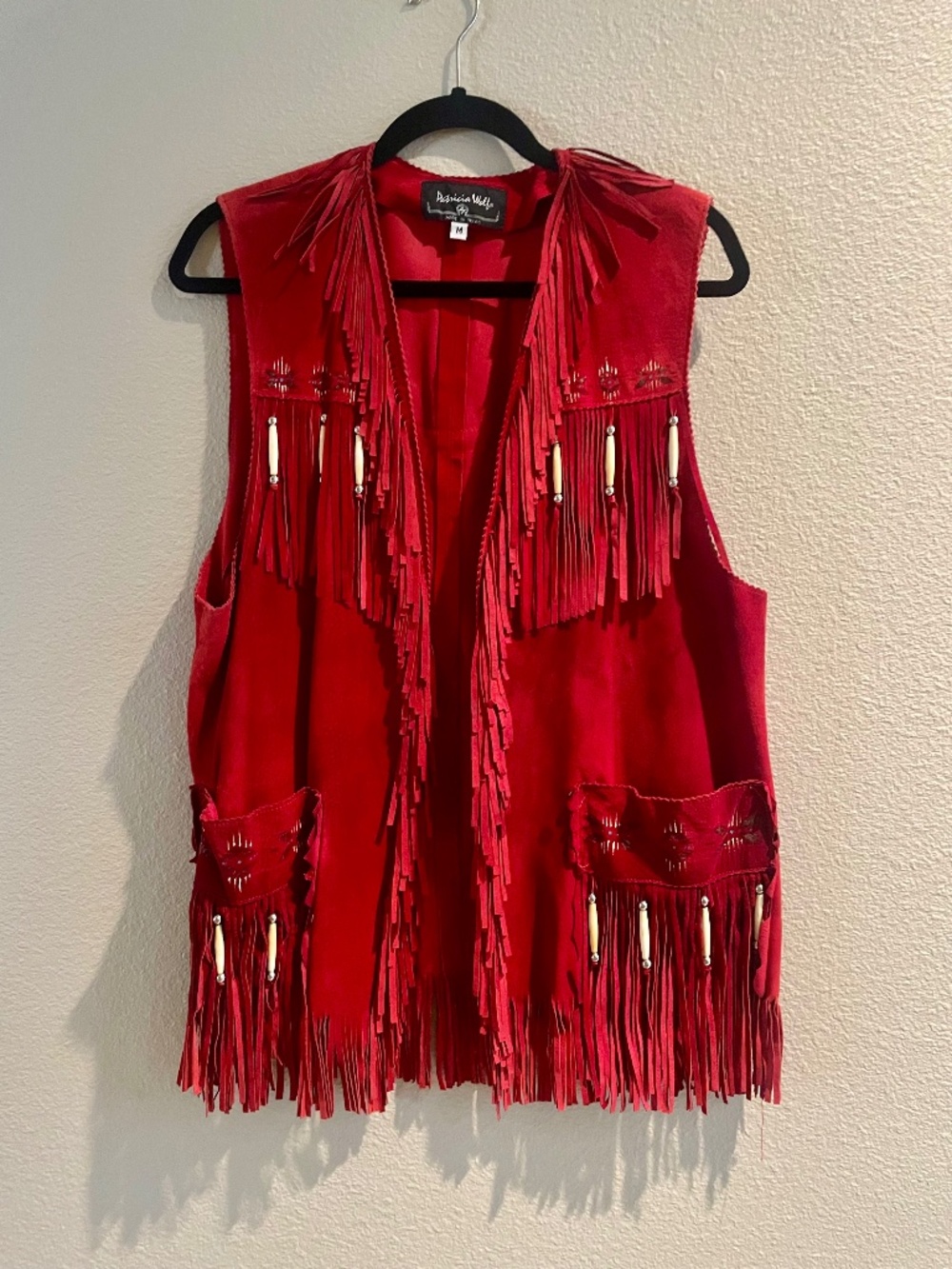 VTG Patricia Wolf Red Leather Hand Painted Fringe Vest, Size M